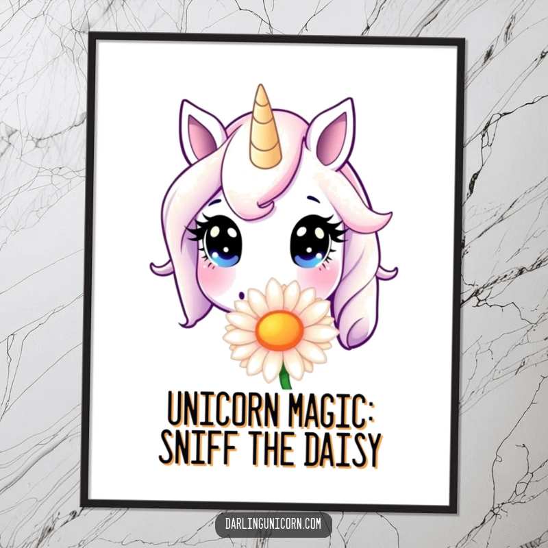 Funny Free Printable Wall Art of an innocent unicorn with wide eyes sniffing a giant daisy. Whimsical downloadable art.