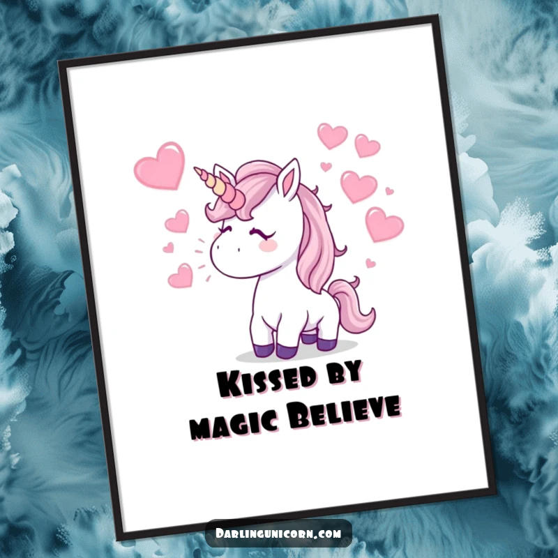Funny Free Printable Wall Art of a unicorn blowing a kiss, with sparkling hearts flying. Romantic downloadable art.
