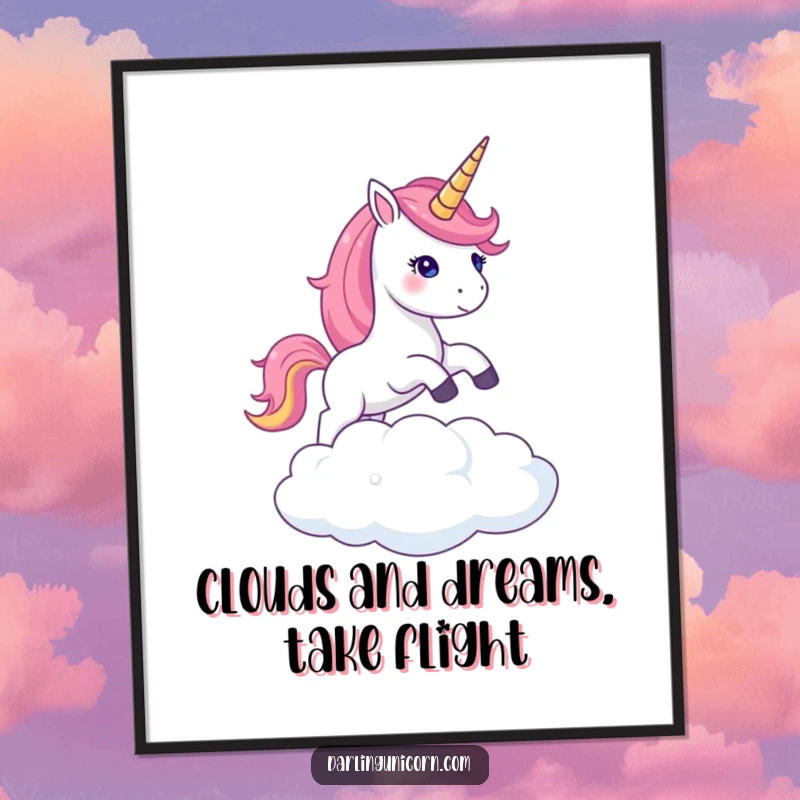 Free Printable Wall Art: Unicorn with a shimmering horn leaping gracefully over a fluffy cloud, whimsical digital art.