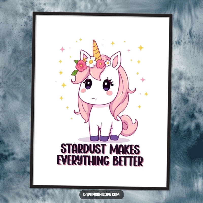 Funny Free Printable Unicorn Wall Art: Surprised unicorn with flower crown watching a cascade of stardust fall, magical decor.