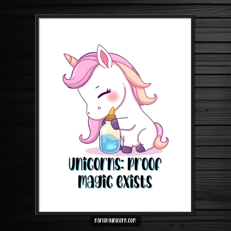Funny Free Printable Wall Art: Gentle unicorn affectionately nuzzles a small, glowing potion bottle, creating a magical scene.