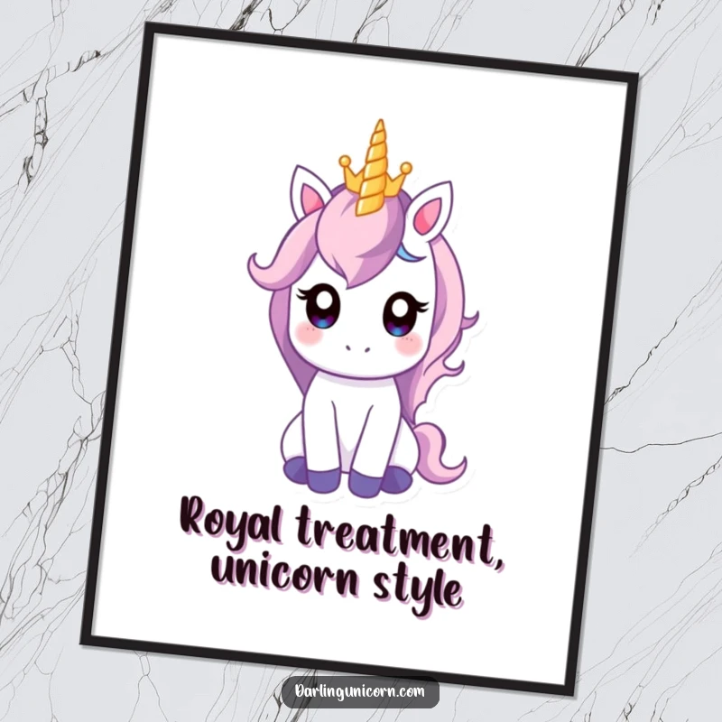 Funny Free Printable Wall Art: A unicorn with wide, gentle eyes charmingly balancing a small, ornate crown on its horn.