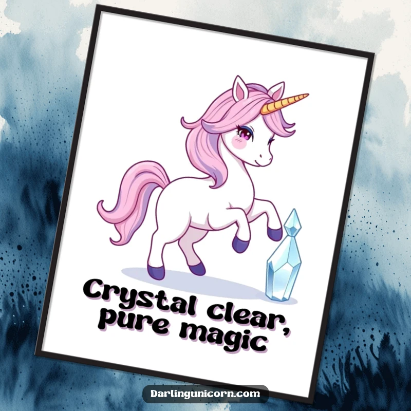 Funny Free Printable Wall Art: A unicorn with a flowing tail gracefully prancing, its horn gently touching a luminous crystal.