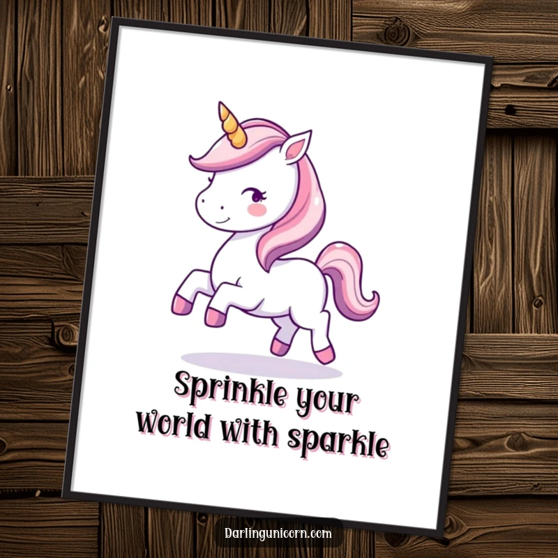 Funny Free Printable Wall Art: A vibrant kawaii unicorn with a shimmering horn joyfully prancing, radiating pure magic and delight.