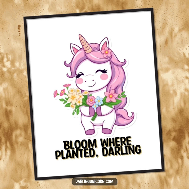 Funny Free Printable Wall Art: A happy unicorn holds a colorful bouquet of flowers, radiating warmth and cheer.