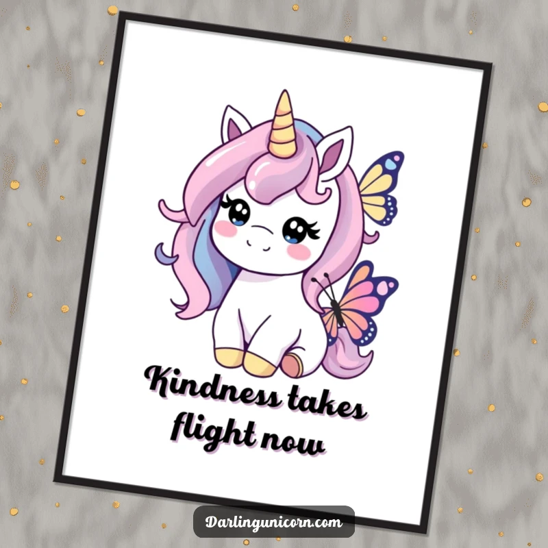 Funny Free Printable Wall Art: A unicorn with a sweet smile gently nudges a delicate butterfly, creating peaceful art.