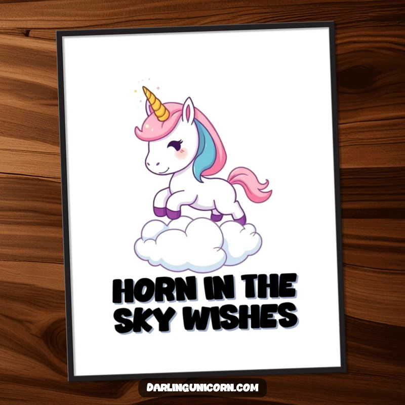 Free Printable Wall Art: A young unicorn with a sparkling horn leaping gracefully over clouds, creating a dreamy and inspirational visual.