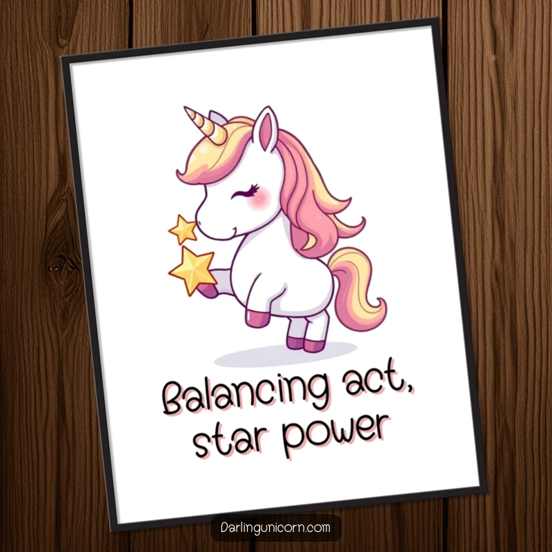 Funny Free Printable Wall Art: A majestic unicorn gracefully balances a radiant star on its nose, creating whimsical decor.
