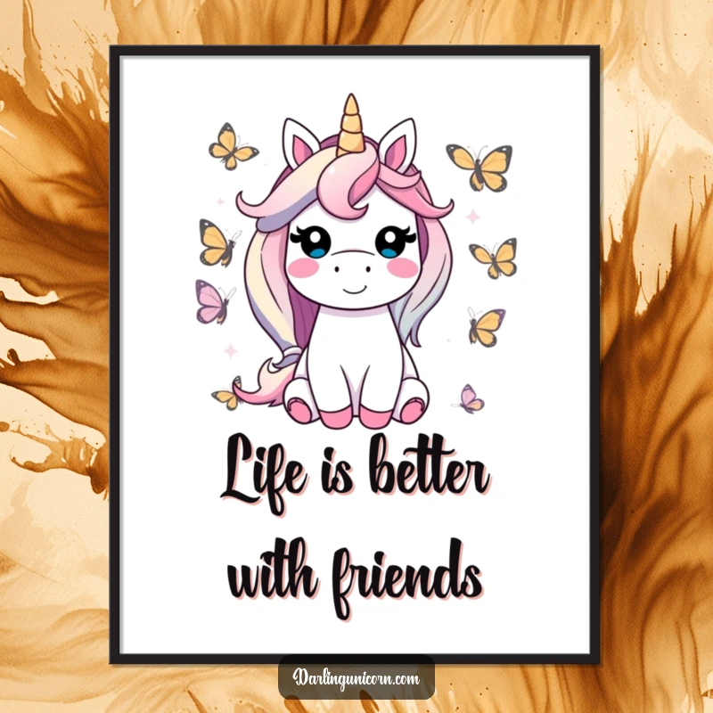 Funny Free Printable Wall Art: A smiling unicorn sits peacefully, surrounded by a swarm of friendly, vibrant butterflies.