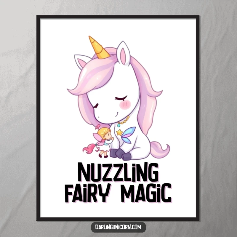 Free printable wall art capturing a peaceful unicorn with a soft smile, gently nuzzling a tiny, radiant fairy in a magical embrace.