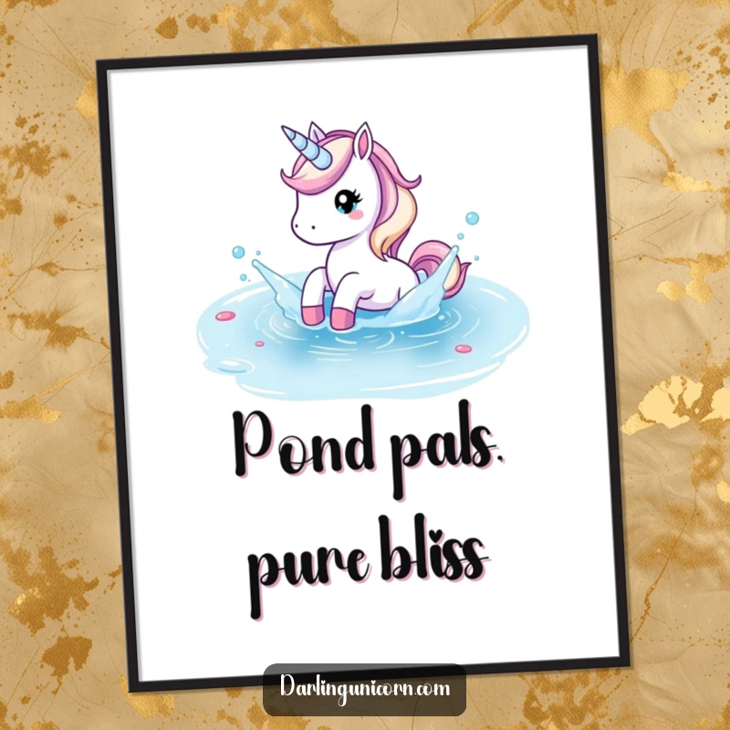 Funny Free Printable Wall Art: Unicorn playfully splashing in a crystal clear pond, a refreshing and joyful piece.