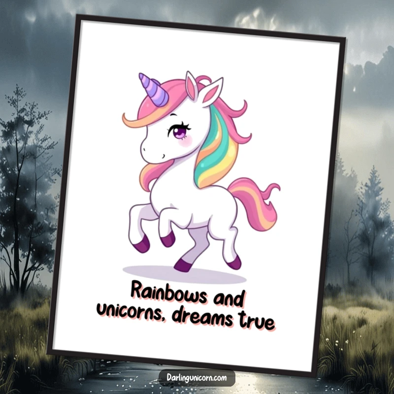Free Printable Wall Art: Graceful unicorn with a vibrant rainbow mane prancing happily, whimsical digital art for rooms.
