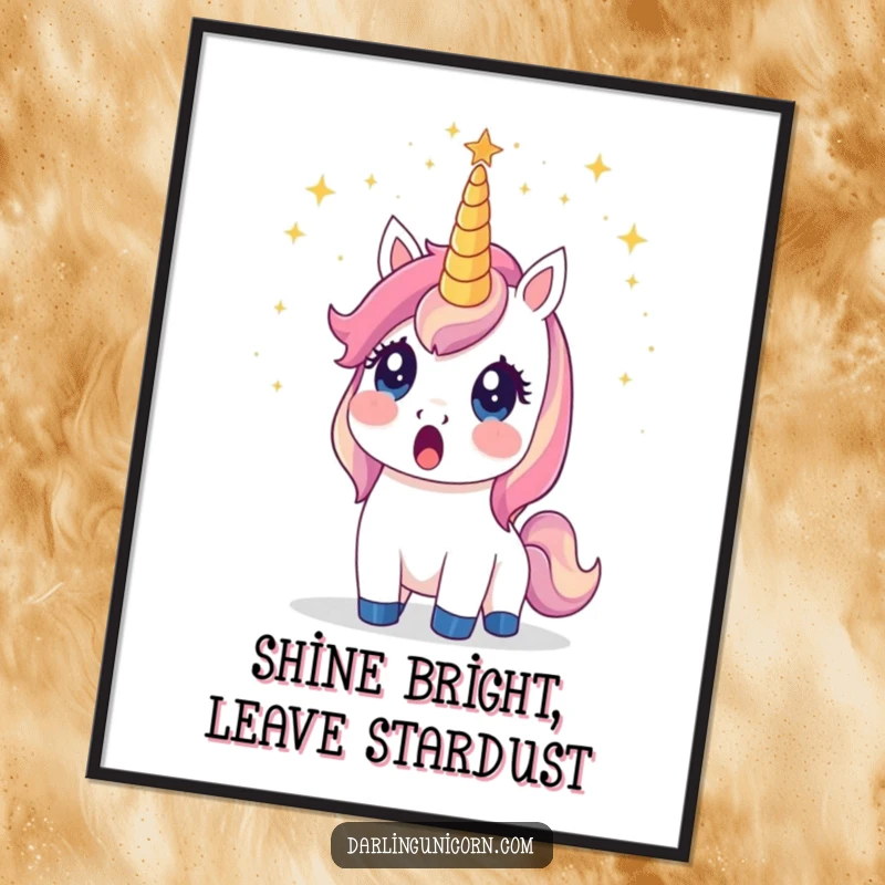Funny Free Printable Wall Art of a surprised unicorn whose horn emits a dazzling shower of stardust, perfect for whimsical settings.