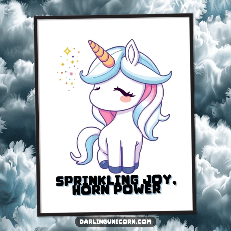 Funny Free Printable Wall Art: A unicorn's horn sends a dazzling shower of glitter into the air, creating a mystical, enchanting vibe.