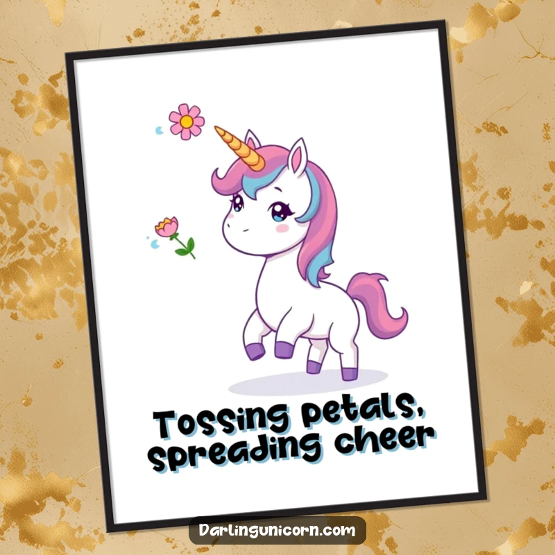 Funny Free Printable Wall Art: A happy unicorn gleefully tosses a colorful flower into the air, creating cheerful art.