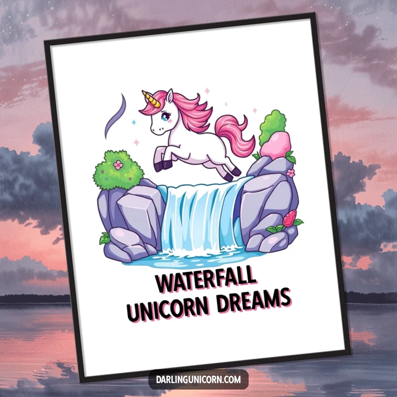 Funny free printable wall art featuring a majestic unicorn soaring over a vibrant, shimmering waterfall, capturing a moment of pure exhilaration.