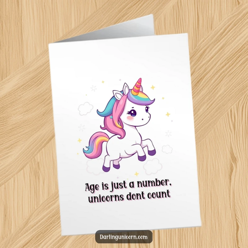 Funny Free Printable Birthday Card: Kawaii unicorn with rainbow mane gallops joyfully through sparkly clouds.