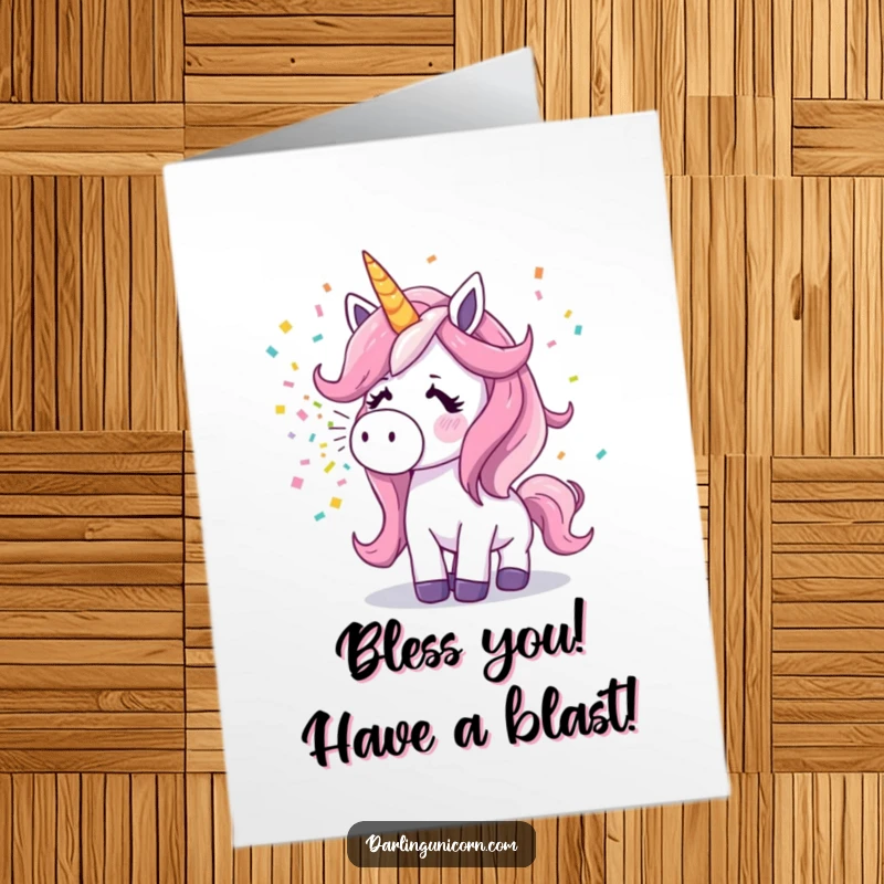 Funny Free Printable Birthday Card: A surprised unicorn sneezing a vibrant explosion of colorful confetti, perfect for a party.