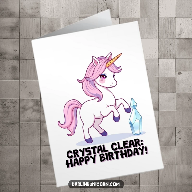 Funny Free Printable Birthday Card: Unicorn with flowing tail prancing gracefully as its horn touches a radiant crystal.