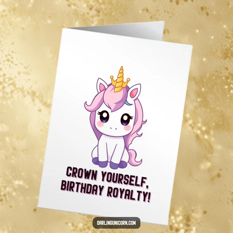 Funny Free Printable Birthday Card: Unicorn with wide, gentle eyes proudly balancing a tiny, sparkling crown on its horn.