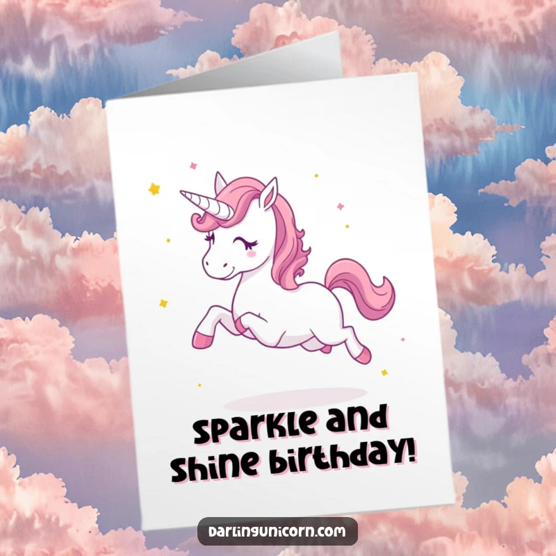 Funny Free Printable Birthday Card: An ecstatic unicorn trots, kicking up a cloud of magical star dust with glee.
