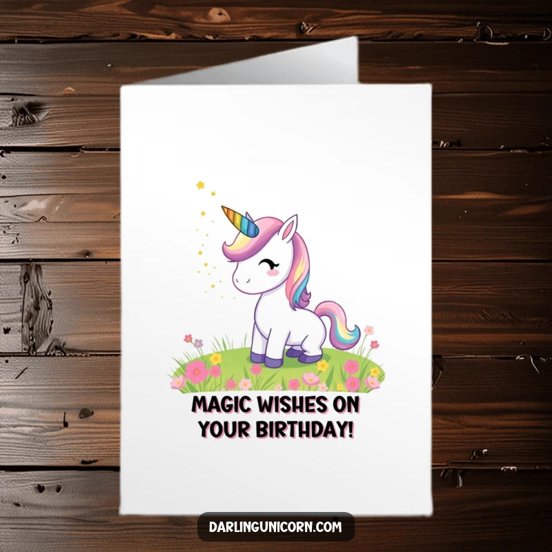 Funny Free Printable Birthday Card: Unicorn with a rainbow horn sprinkles magic stardust on a sunny meadow.