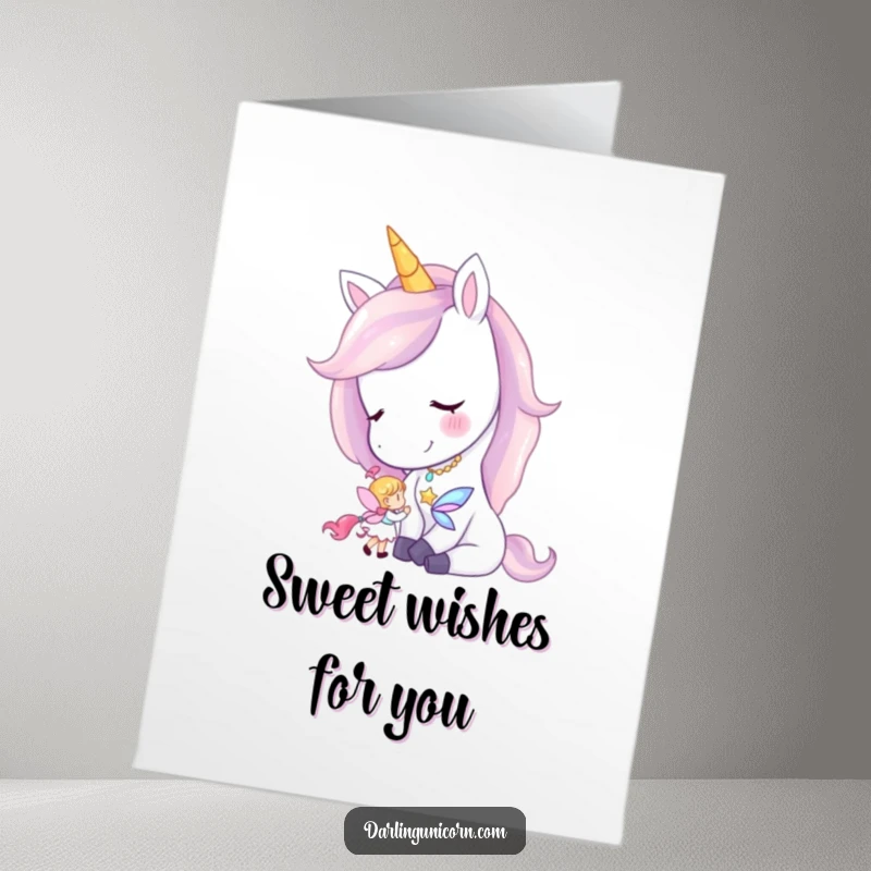 Free printable birthday card featuring a serene unicorn with a soft smile, gently nuzzling a delicate, tiny fairy companion.