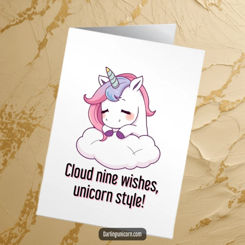 Funny Free Printable Birthday Card: Unicorn sighing contentedly while nuzzling a fluffy cloud.