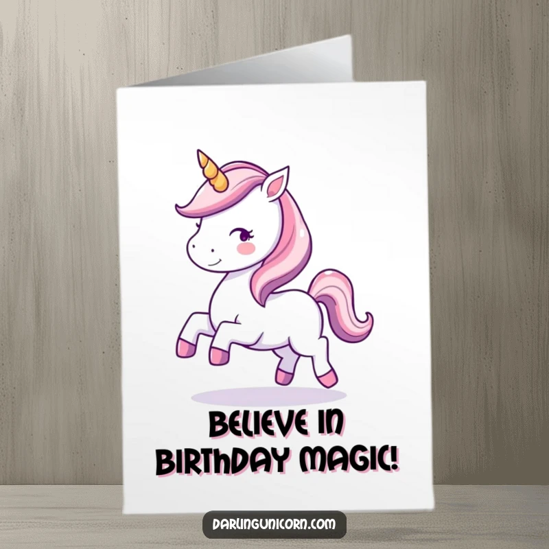 Funny Free Printable Birthday Card: A cute kawaii unicorn with a glittering horn joyously prancing with magical energy.