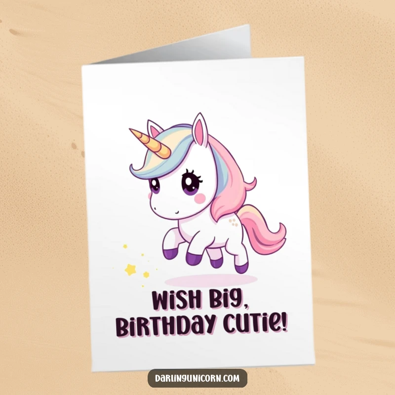 Funny Free Printable Birthday Card: Kawaii unicorn with curious eyes chasing a shimmering trail of stardust.