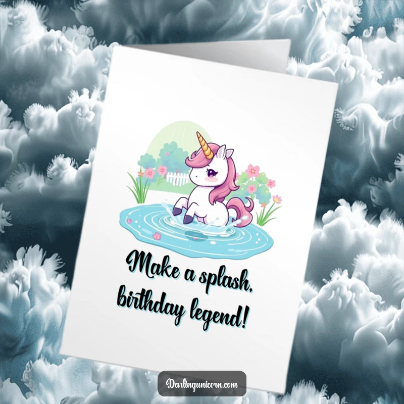 Funny Free Printable Birthday Card: A unicorn playfully splashes water in a shimmering magical pond, celebrating a birthday.