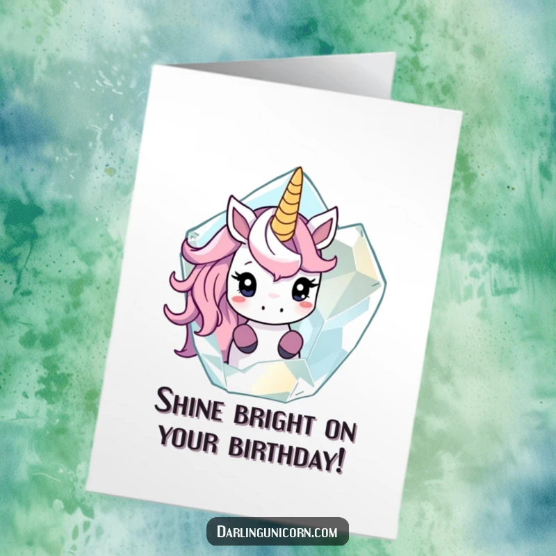 Funny Free Printable Birthday Card: Shy unicorn peeks out from behind a large, translucent crystal with gentle curiosity.