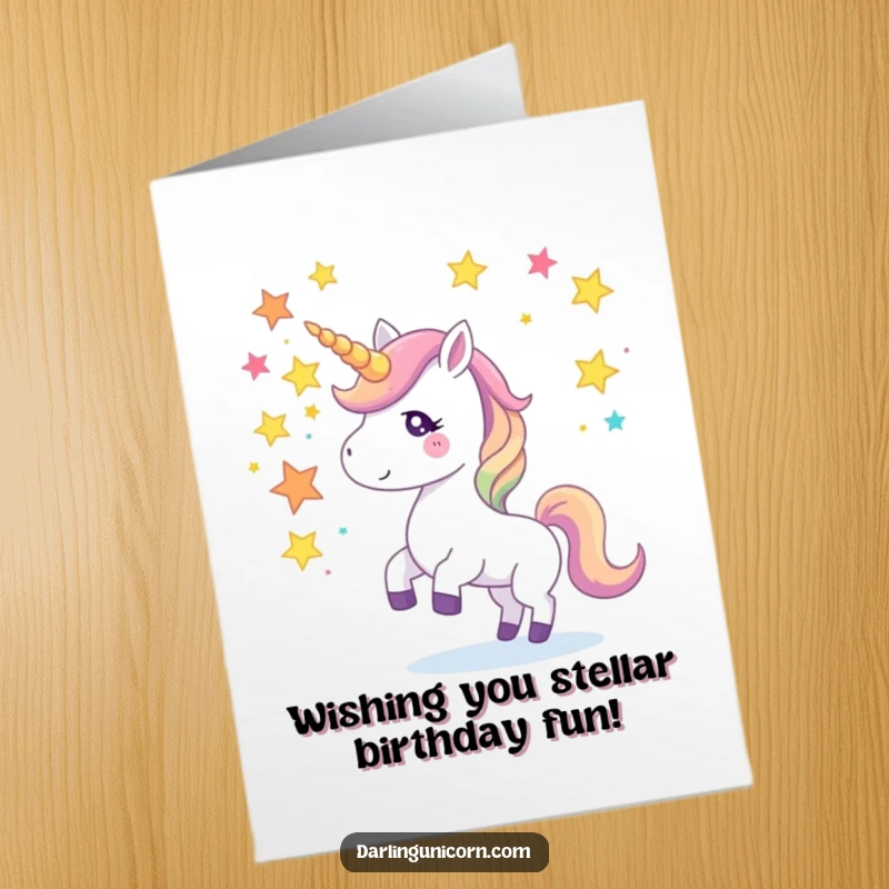 Funny Free Printable Birthday Card: Unicorn skillfully juggling glowing star fragments with its magical horn.