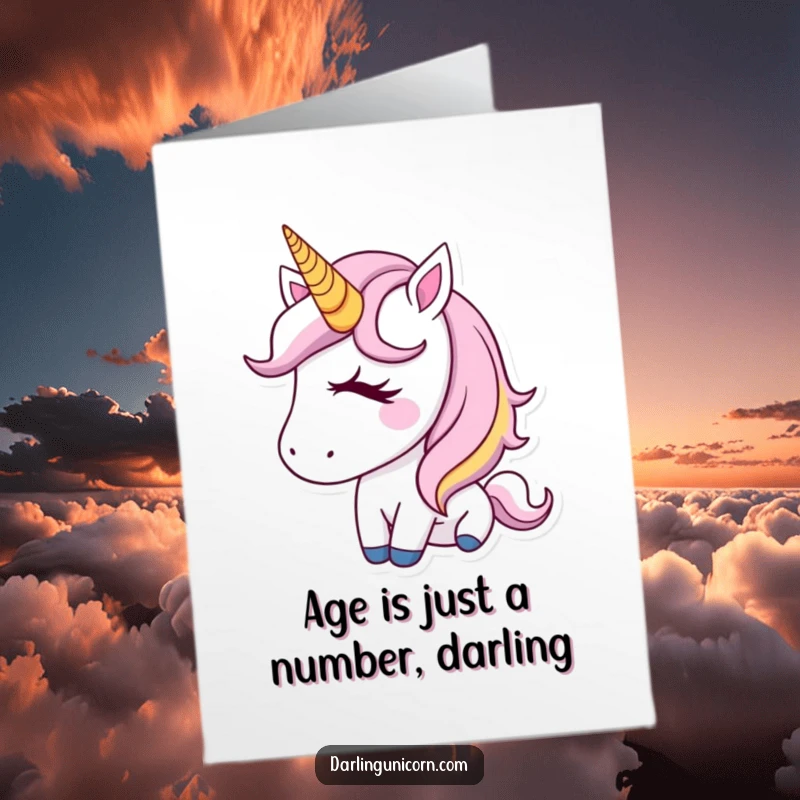 Funny Free Printable Birthday Card: Adorable unicorn with a golden horn winking playfully, ready to deliver birthday cheer.