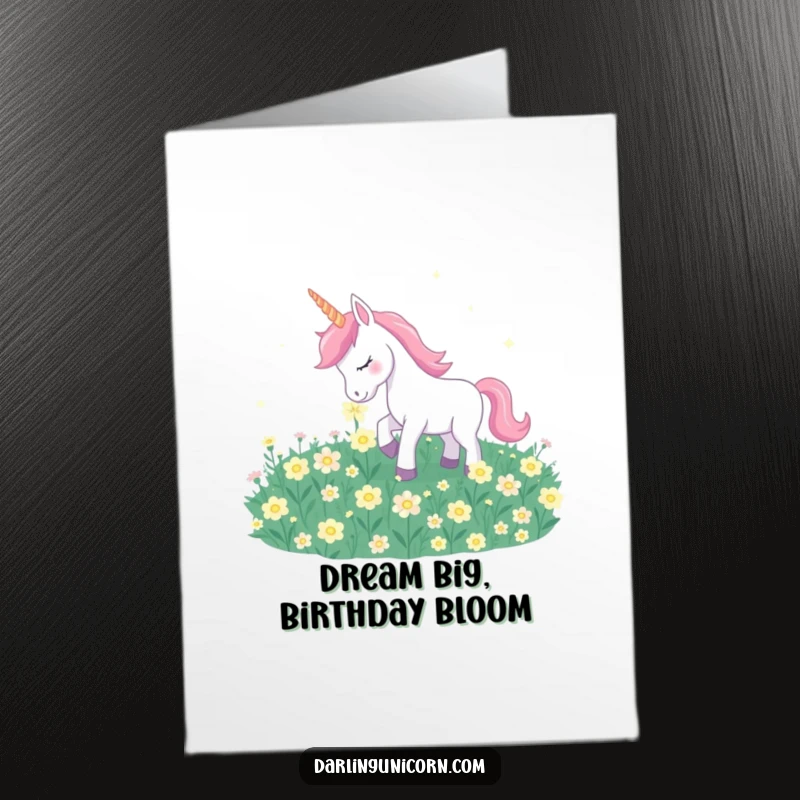 Funny Free Printable Birthday Card: A unicorn gently nuzzling glowing moonflowers, radiating peaceful birthday vibes.