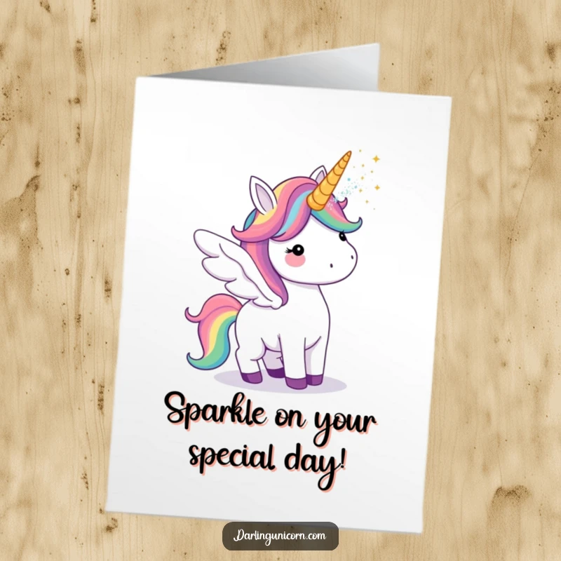 Funny Free Printable Birthday Card: Unicorn with rainbow wings blowing glitter from horn, spreading cheer for a DIY gift.
