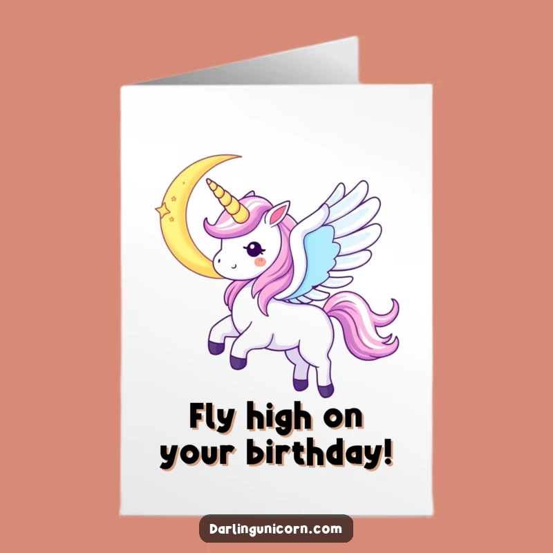 Free Printable Unicorn Birthday Card: Moon Soar Wings Funny Downloadable Gift