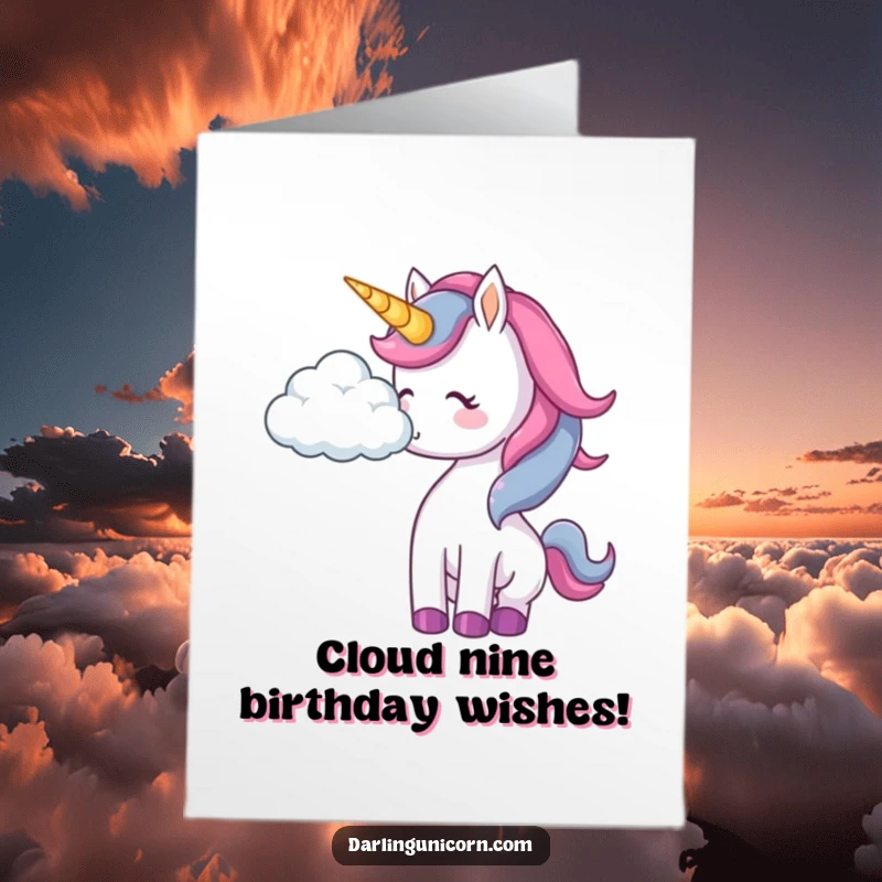 Funny Free Printable Birthday Card: A sweet unicorn playfully nudges a fluffy cloud with its nose, wishing a happy birthday.