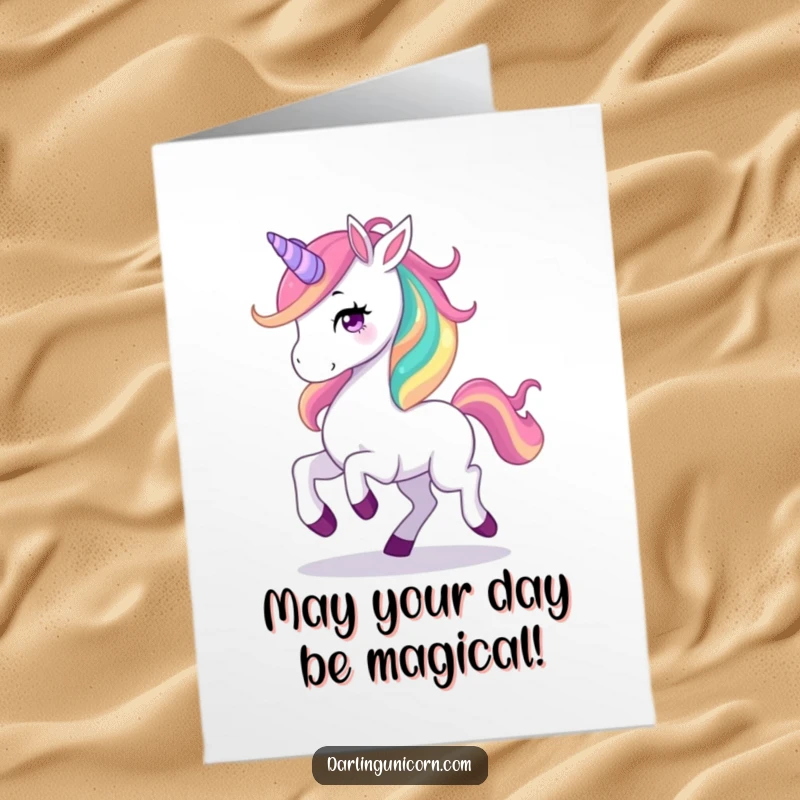 Funny Free Printable Birthday Card: Graceful unicorn with rainbow mane prancing joyfully, spreading birthday cheer, digital download.