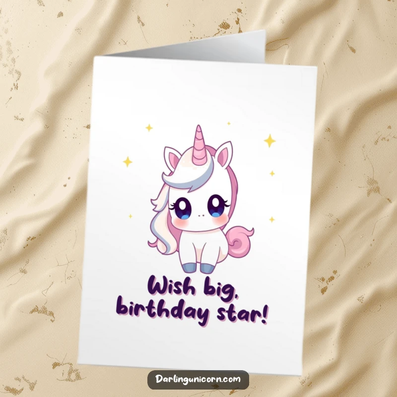 Funny Free Printable Birthday Card: Unicorn with curious eyes gazing at shooting stars, a dreamy DIY gift.