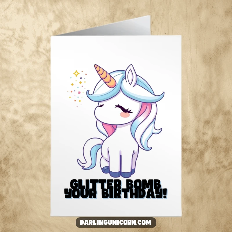 Funny Free Printable Birthday Card: A majestic unicorn shoots a shower of glittering stars from its horn, celebrating a birthday.