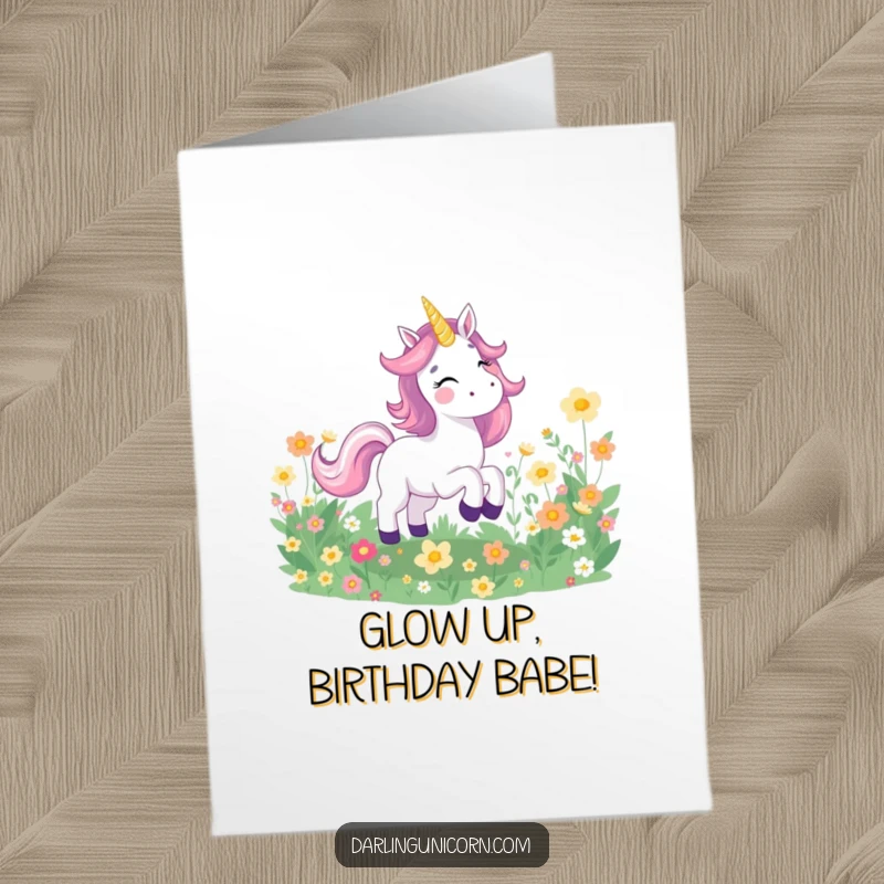 Funny Free Printable Birthday Card: A joyful unicorn with a wide smile galloping through a field of luminous flowers.