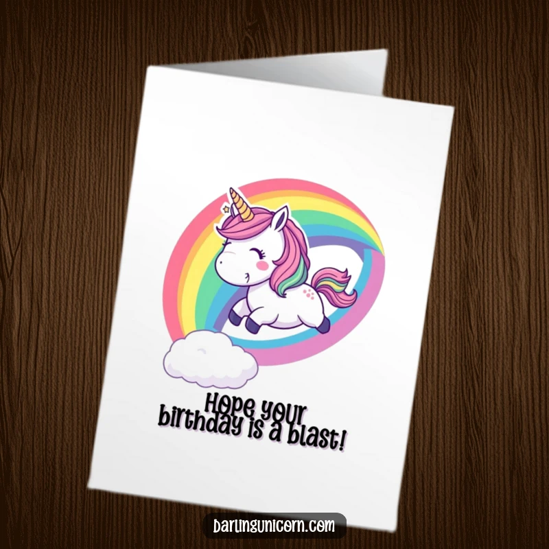 Funny Free Printable Birthday Card: Playful unicorn gleefully slides down a vibrant rainbow with a cheerful, whooping expression.