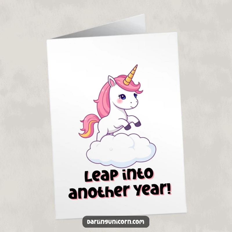 Funny Free Printable Birthday Card: Unicorn with shimmering horn leaping over a cloud, celebrating with magical flair.