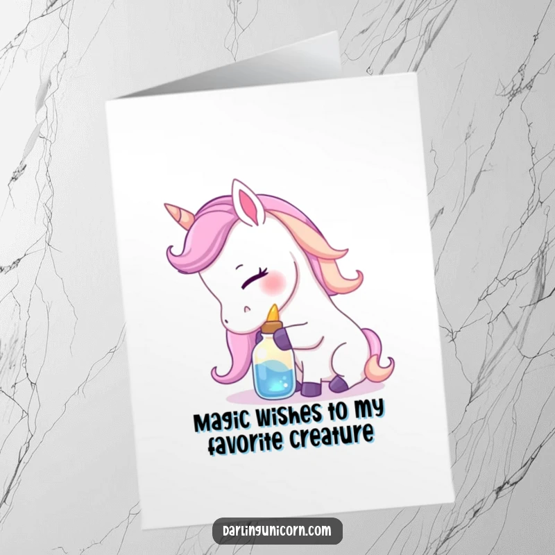 Funny Free Printable Birthday Card: Gentle unicorn lovingly nuzzles a glowing potion bottle, radiating affection and birthday cheer.