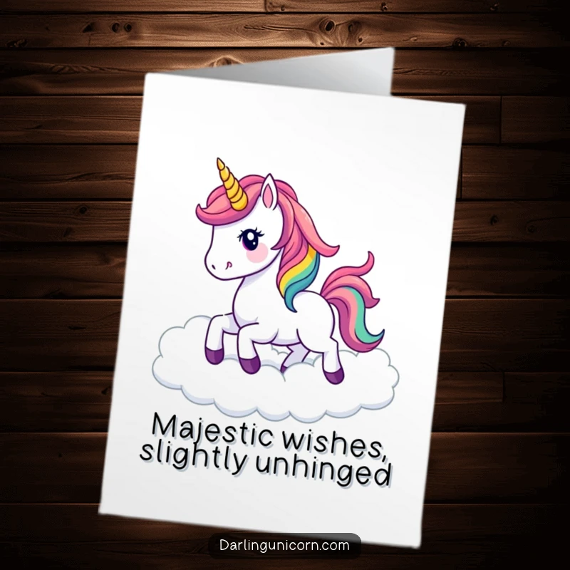 Funny Free Printable Birthday Card: Kawaii unicorn with rainbow mane prancing joyfully through fluffy clouds, ready for a celebration.