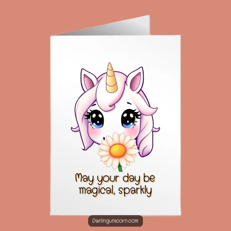 Free Printable Unicorn Birthday Card: Innocent Unicorn Sniffing Daisy, Funny Downloadable Gift