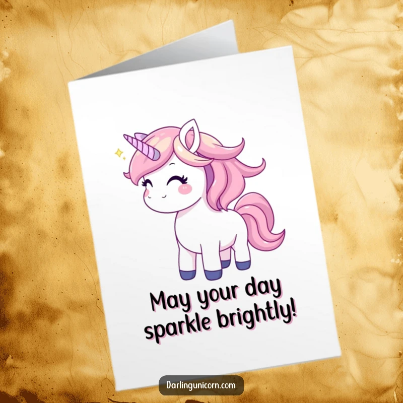 Funny Free Printable Birthday Card featuring a joyful unicorn flipping its shiny mane with a happy expression, ready for celebration.