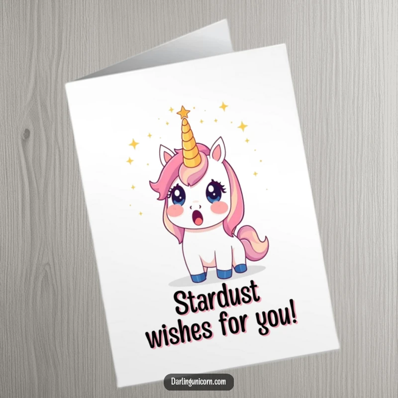 Funny Free Printable Birthday Card: A surprised unicorn's horn emits a magical shower of stardust, creating a stellar birthday wish.