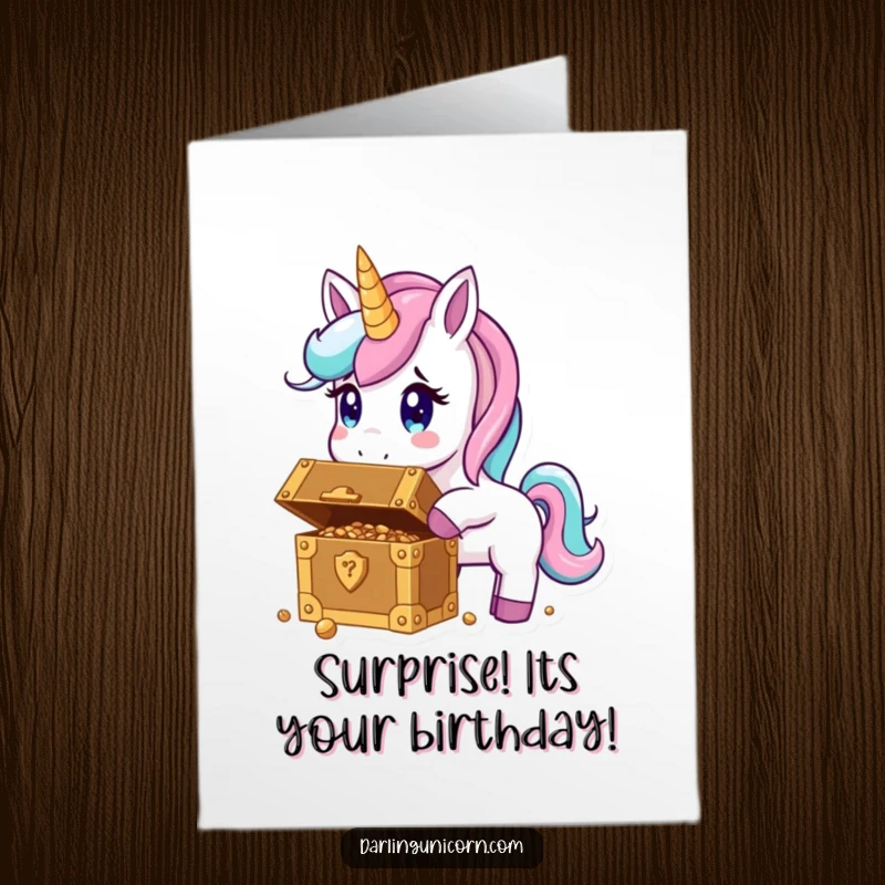 Funny free printable birthday card showing a unicorn with wide eyes, discovering a glittering treasure chest filled with surprises.